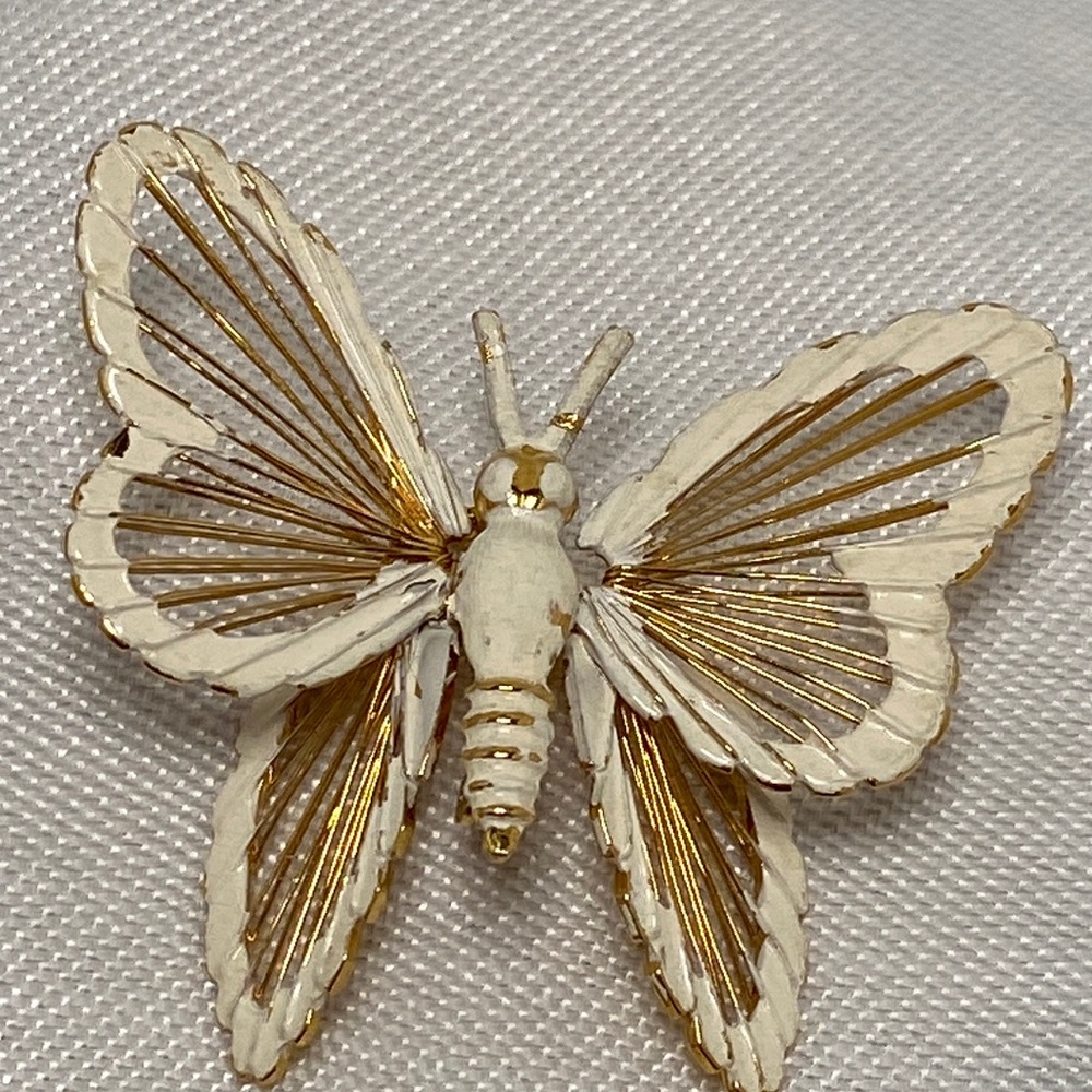 Vintage Monet White Enamel Gold Butterfly Brooch